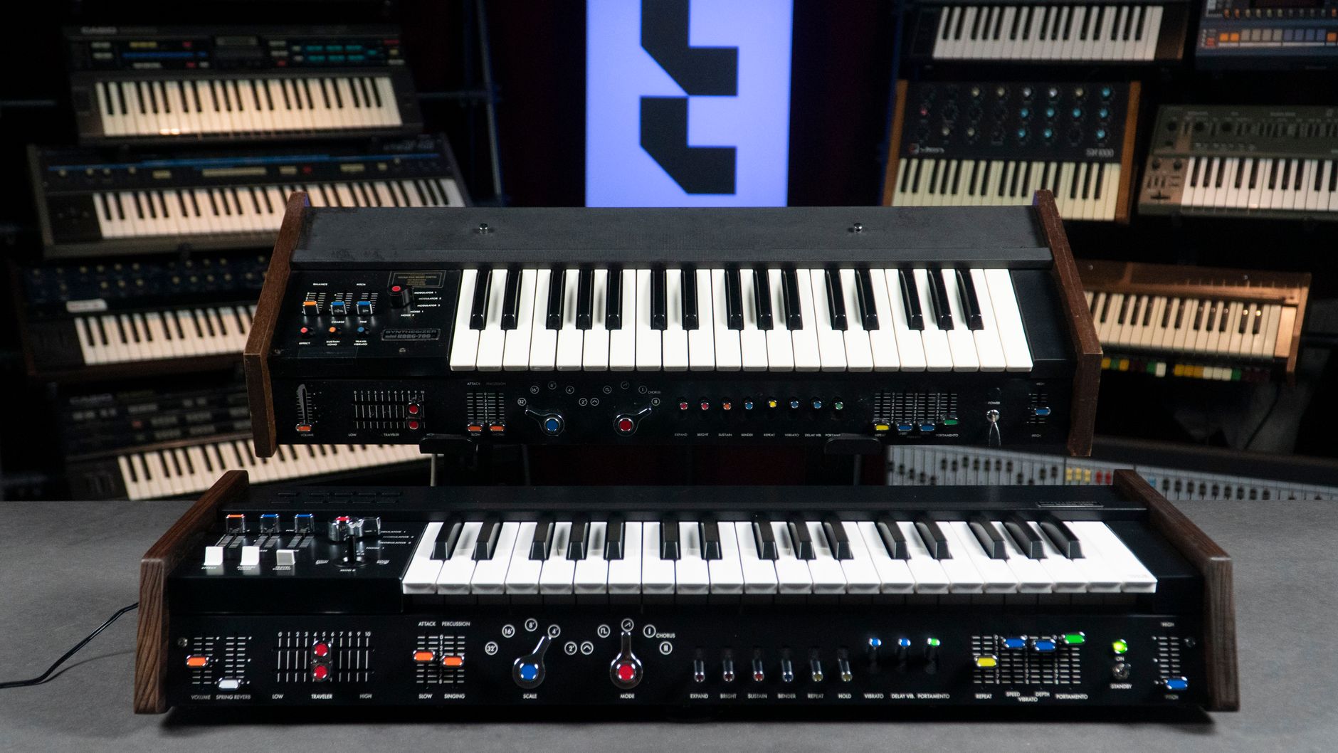 Analog modular synthesizer with patch cables in a studio