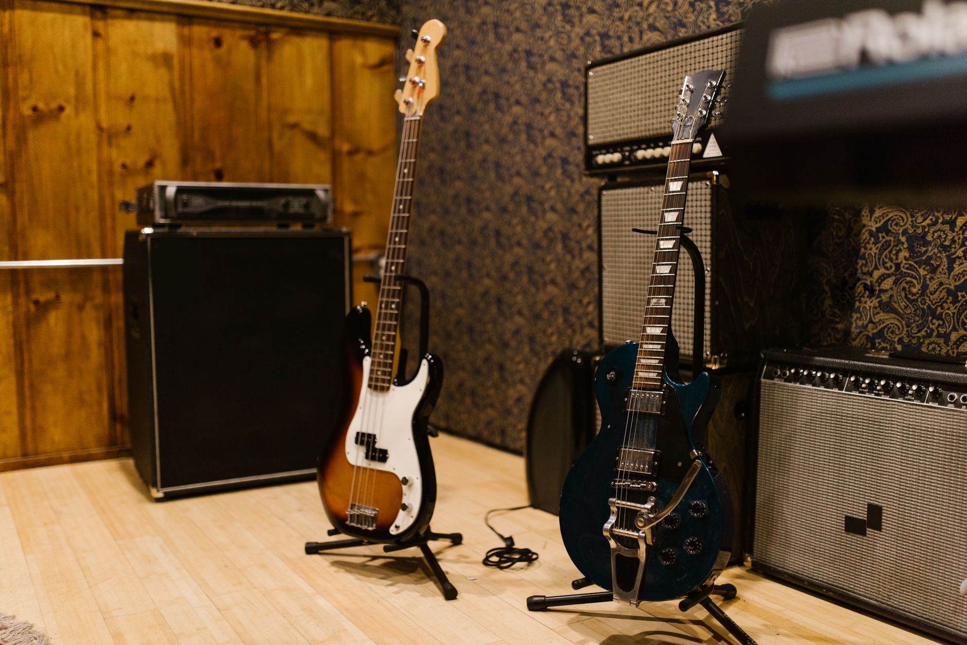 instruments set up in a rehearsal room